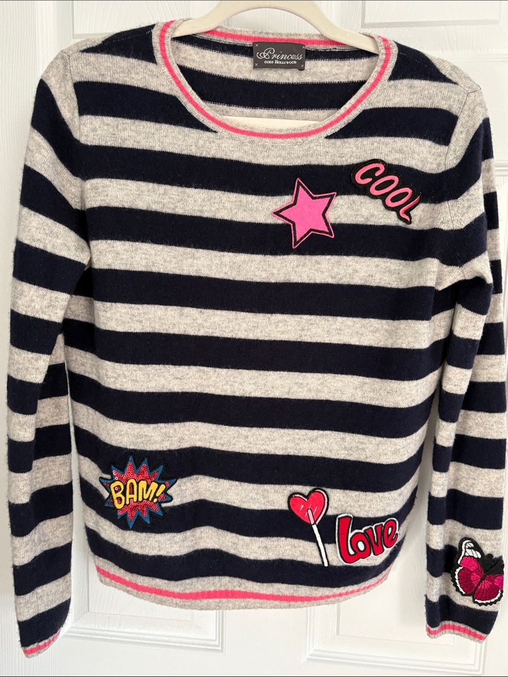 PRINCESS GOES HOLLYWOOD Navy & Gray Crewneck Sweater with Pink Patch